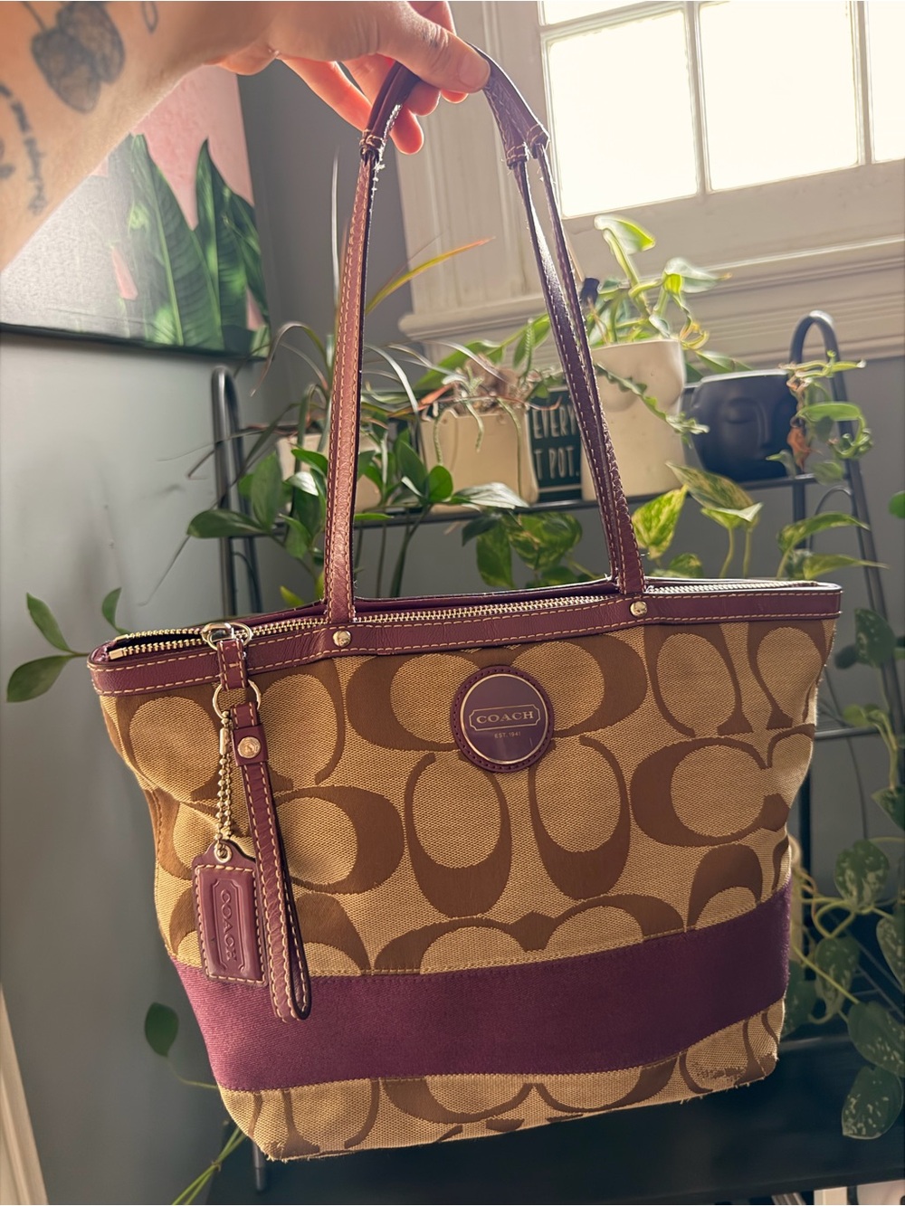 COACH Signature Canvas Tote in Brown and Wine